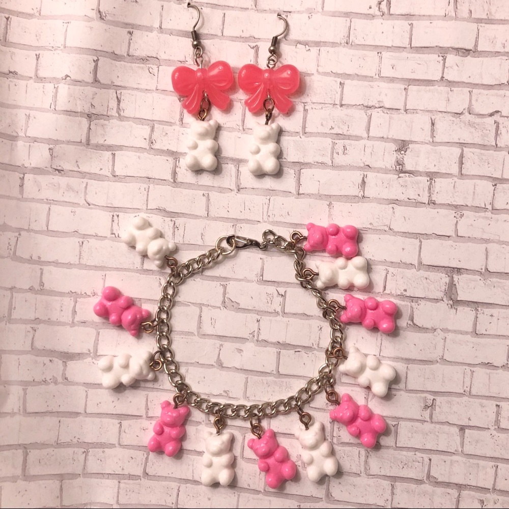 Gummy bear teddy pink charm bracelet earring set